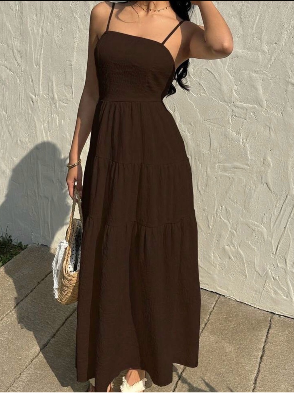 Smocked Bodice Brown Maxi Dress with Spaghetti Straps